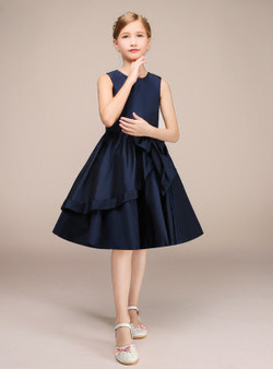 A-Line Blue Satin With Bow Knee Length Flower Girl Dress