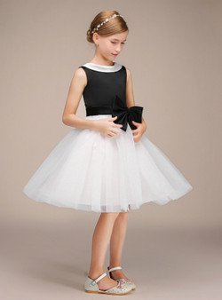Simple Black Satin White Tulle Knee Length Flower Girl Dress