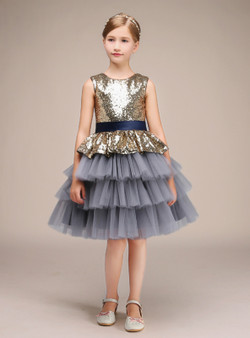 A-Line Gray Tulle Gold Sequins With Sash Knee Length Flower Girl Dress