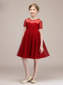 Red Tulle Short Sleeve Knee Length Backless Flower Girl Dress Red Tulle Short Sleeve Knee Length Backless Flower Girl Dress