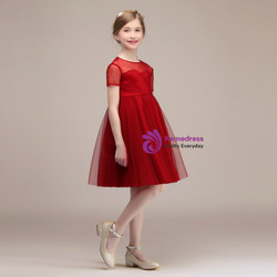 Red Tulle Short Sleeve Knee Length Backless Flower Girl Dress Red Tulle Short Sleeve Knee Length Backless Flower Girl Dress