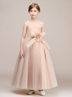 A-Line Pink Tulle Spaghetti Straps Ankle Flower Girl Dress With Flower