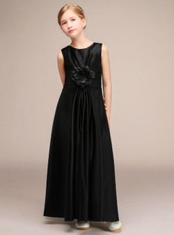 Simple A-Line Black Satin Sleeveless Flower Girl Dress With Flower
