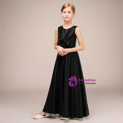 Simple A-Line Black Satin Sleeveless Flower Girl Dress With Flower