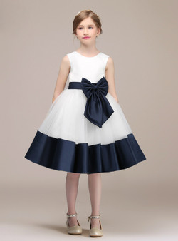 A-Line Blue Satin White Tulle Knee Length Flower Girl Dress With Bow