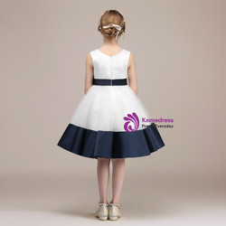A-Line Blue Satin White Tulle Knee Length Flower Girl Dress With Bow