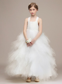 White Ball Gown Halter Tulle Lace Ankle Length With Bow Flower Girl Dress