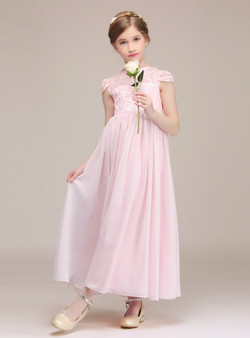 Pink Chiffon Lace Cap Sleeve Ankle Length Flower Girl Dress