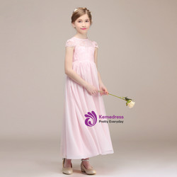 Pink Chiffon Lace Cap Sleeve Ankle Length Flower Girl Dress