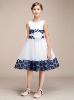 White Tulle Blue Lace Short Knee Length Flower Girl Dress