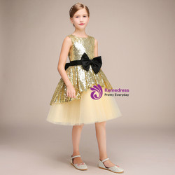 Gold Sequins Tulle Short Sleeveless Flower Girl Dress With Bow