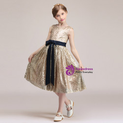 A-Line Gold Sequins Sleeveless Knee Length Glower Girl Dress With Bow