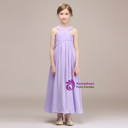 A-Line Purple Chiffon Halter Pleats Ankle Length Flower Girl Dress