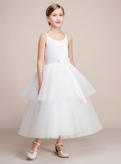 White Ball Gown Spaghetti Straps Tulle Tea Length Flower Girl Dress