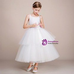 White Ball Gown Spaghetti Straps Tulle Tea Length Flower Girl Dress