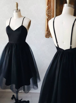 Black Spaghetti Straps Tulle Backless Little Black Homecoming Dress