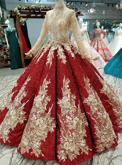 Red Ball Gown Sequins Long Sleeve Appliques Floor Length Wedding Dress