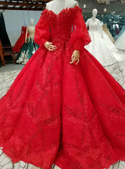 Red Ball Gown Lace Off The Shoulder Puff Sleeve Appliques Wedding Dress