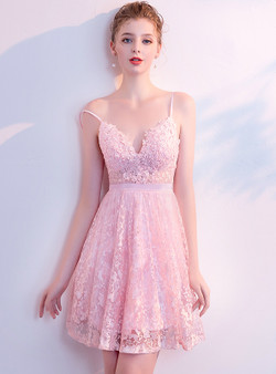 In Stock:Ship in 48 Hours Pink Lace Backless Mini Homecoming Dress
