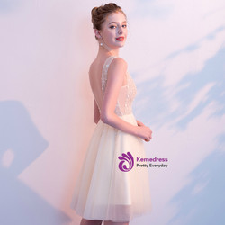 In Stock:Ship in 48 Hours Champagne Tulle V-neck Backless Homecoming Dress