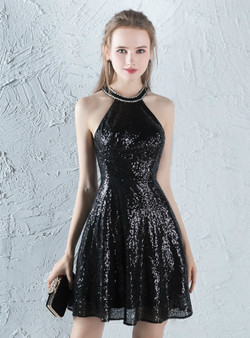 In Stock:Ship in 48 Hours Black Halter Sequins Backless Homecoming Dress