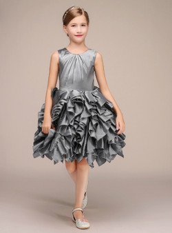 A-Line Gray Satin Ruffle Short Knee Length Flower Girl Dress