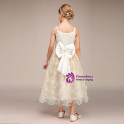 Champagne Lace Straps Tea Length With Bow Flower Girl Dress