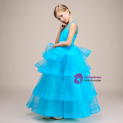 A-Line Blue Tulle Backless Sleeveless Floor Length Flower Girl Dress