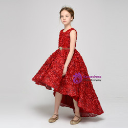 A-Line Red Hi Lo Lace Sleeveless With Sash Flower Girl Dress