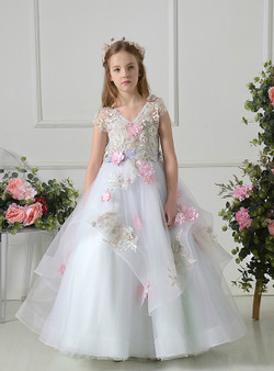White Ball Gown Tulle V-neck Appliques Floor Length Flower Girl Dress