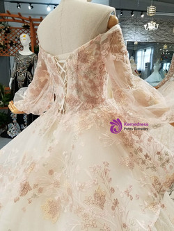 Champagne Tulle Sequins Appliques Puff Sleeve Off The Shoulder Wedding Dress