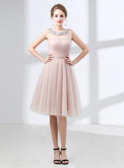 A-Line Pink Tulle Lace Pleats Knee Length Homecoming Dress
