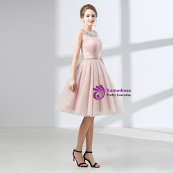 A-Line Pink Tulle Lace Pleats Knee Length Homecoming Dress