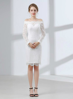 Sheath White Lace Off The Shoulder Long Sleeve Prom Dress
