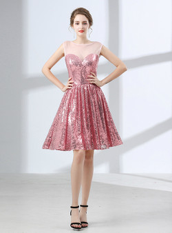 A-Line Pink Sequins Knee Length Sleeveless Homecoming Dress