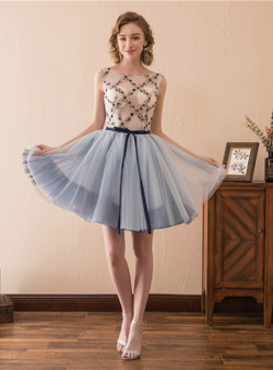 A-Line Blue Tulle Appliques Short Homecoming Dress With Sash