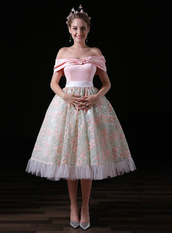 Pink Satin Print Tulle Off The Shoulder Princess Homecoming Dress