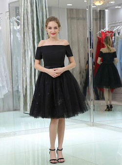 Black Tulle Short Sleeve Off The Shoulder Knee Length Homecoming Dress