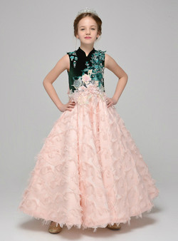 A-Line Pink Appliques High Neck Ankle Length Flower Girl Dress
