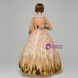 Gold Tulle Sequins Long Sleeve Backless Flower Girl Dress