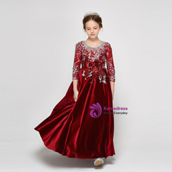Burgundy Velvet 3/4 Sleeve Appliques Beading Flower Girl Dress