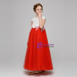A-Line Red Tulle White Lace Appliques Ankle Length Flower Girl Dress