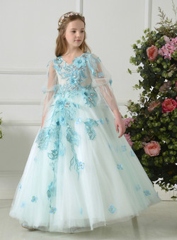 White Tulle Blue Appliques V-neck Long Sleeve Flower Girl Dress