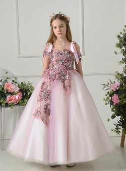 Pink Straps Tulle Sleeveless Hand Appliques Flower Girl Dress