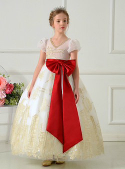 White Tulle Gold Appliques Cap Sleeve With Big Bow Flower Girl Dress