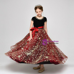 Red Sequins Tulle Black Velvet Cap Sleeve Flower Girl Dress