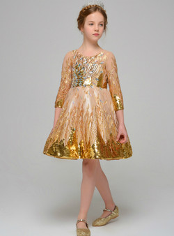 Gold Sequins Tulle 3/4 Sleeve Witn Crystal Flower Girl Dress