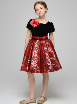 Black Velvet Red Lace Puff Sleeve Flower Girl Dress With Bow