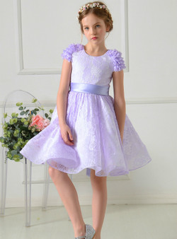 A-Line Purple Lace Cap Sleeve Flower Girl Dress With Sash