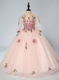 Pink Tulle Appliques Long Sleeve Floor Length Flower Girl Dress